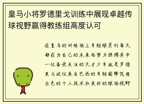 皇马小将罗德里戈训练中展现卓越传球视野赢得教练组高度认可